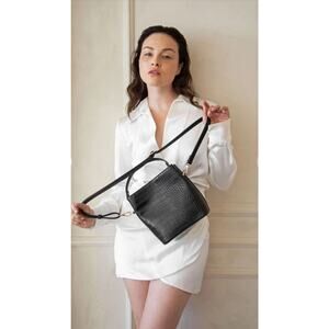 Aota Rachel Zoe Crossbody Bag Womens Black Faux Leather Croc Shoulder Bucket Bag